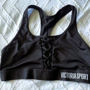 Victoria Sport VSX Workout Sports Bra Black Mesh Front Lace-up Medium Athleisure
